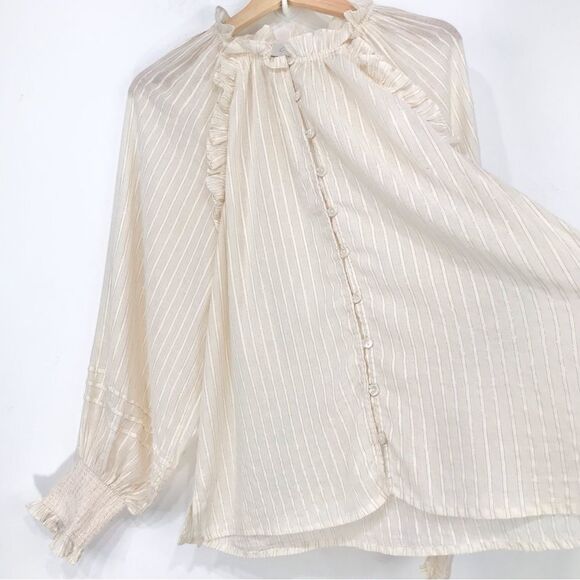 Cleobella Cream ARI Metallic Sparkle Stripe Ruffled Long Sleeve Peasant Blouse - Picture 7 of 16